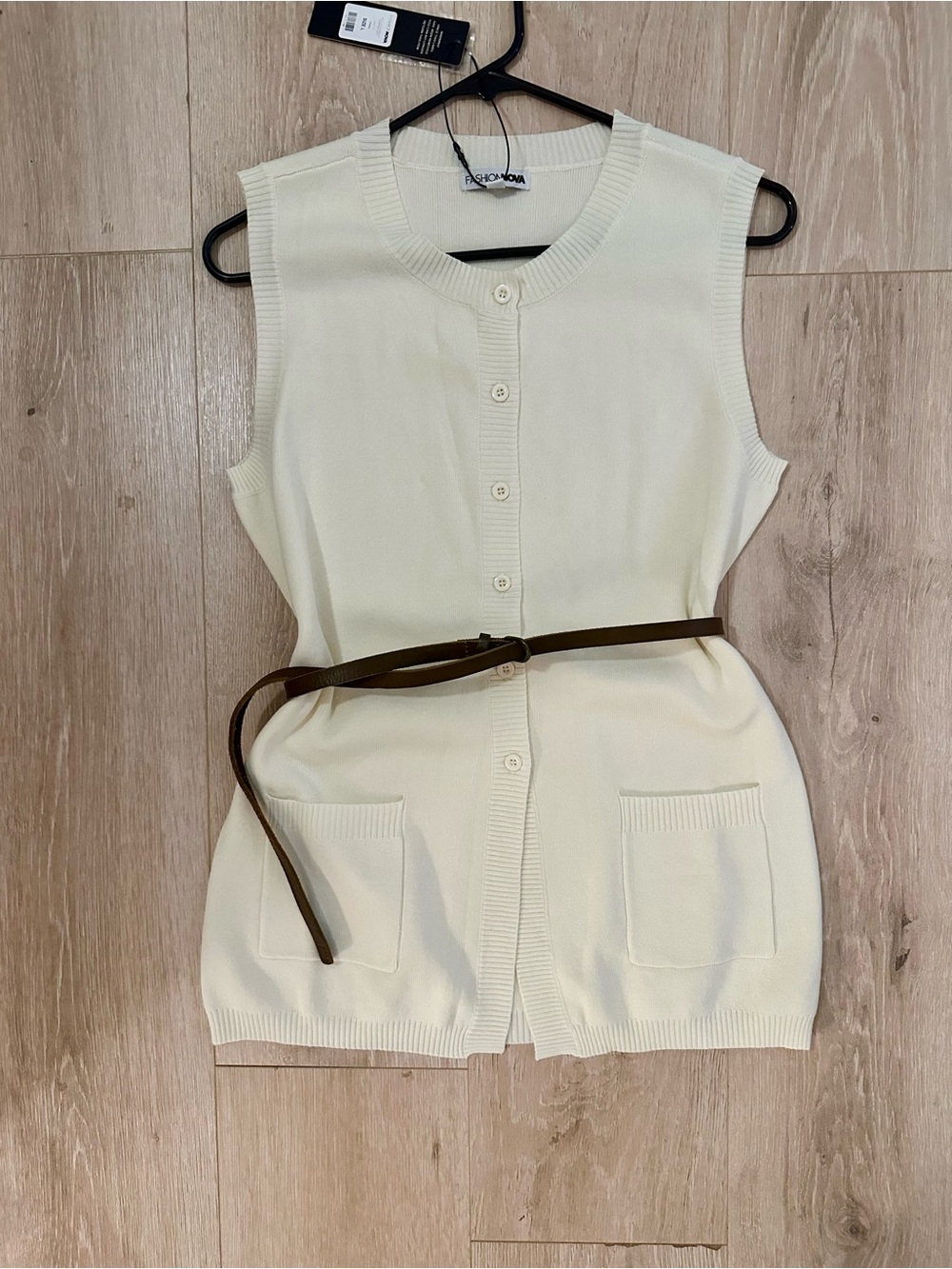 Fashion Nova Cream Sleeveless Button-Front Knit Top
